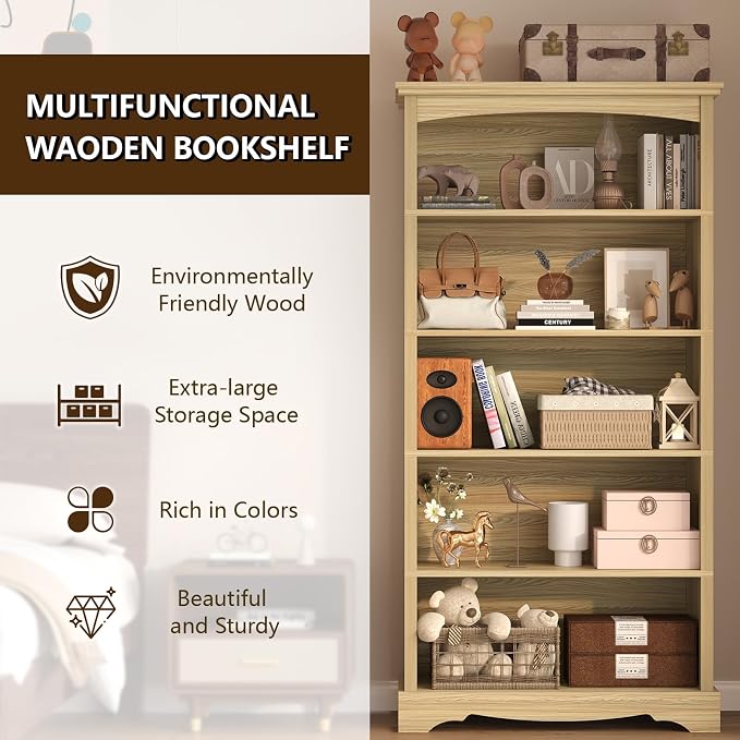 TVU 5-Tier Wooden Bookshelf, 65 Inch Tall Bookshelf with Storage, Floor Standing Modern Style Display Bookcase for Living Room, Office, Study Room, Entryway, Natural Wood Color