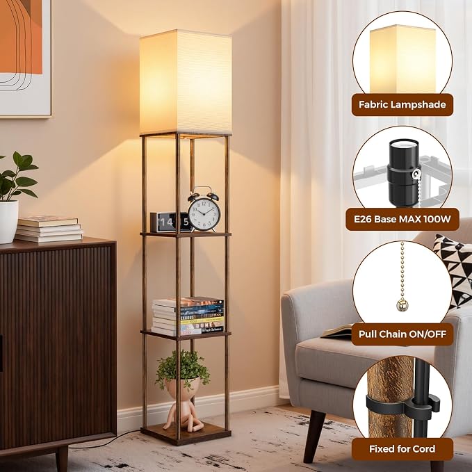 Floor Lamp with Shelves, 3-Tier Square Bookshelf Standing Lamp Rustic Brown | 3 Color Temperature Bulb Included, Modern Pull Chain Tall Lamp for Living Room Bedroom Corner Office Apartment Decor