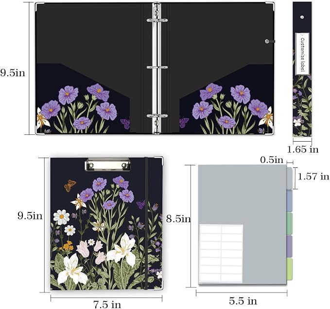 Mini Binder 3 Ring 1 Inch for 5.5"x8.5" Paper, Cute Small Three Ring Binders with Clipboard, 5-Tab Dividers, Spine ID Label Holder, BVSSX A5 Binder with Pen Holder, Black Weeds
