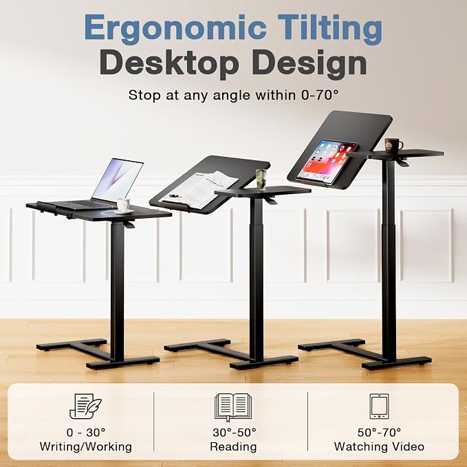 DUMOS Adjustable Bedside Overbed Table with Wheels, Black | Laptop Standing Desk with Tilting Top Height, Mobile Rolling Computer Cart for Hospital Home Bedroom Use