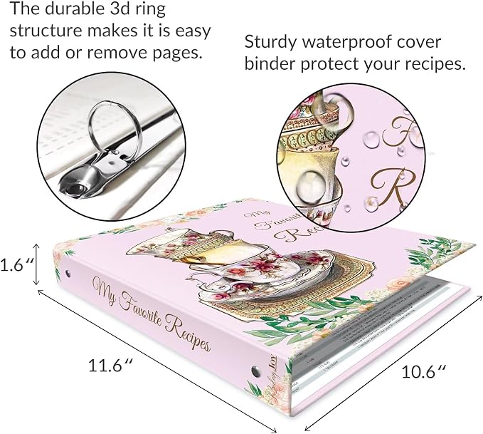 Recipe Binder 8.5x11 3 Ring with Plastic Sleeves, Blank Recipe Book Binder | Waterproof recipe binder 8.5x11 with plastic sleeves, recipe cards and gift box to make your own cookbook(Retro Cups).