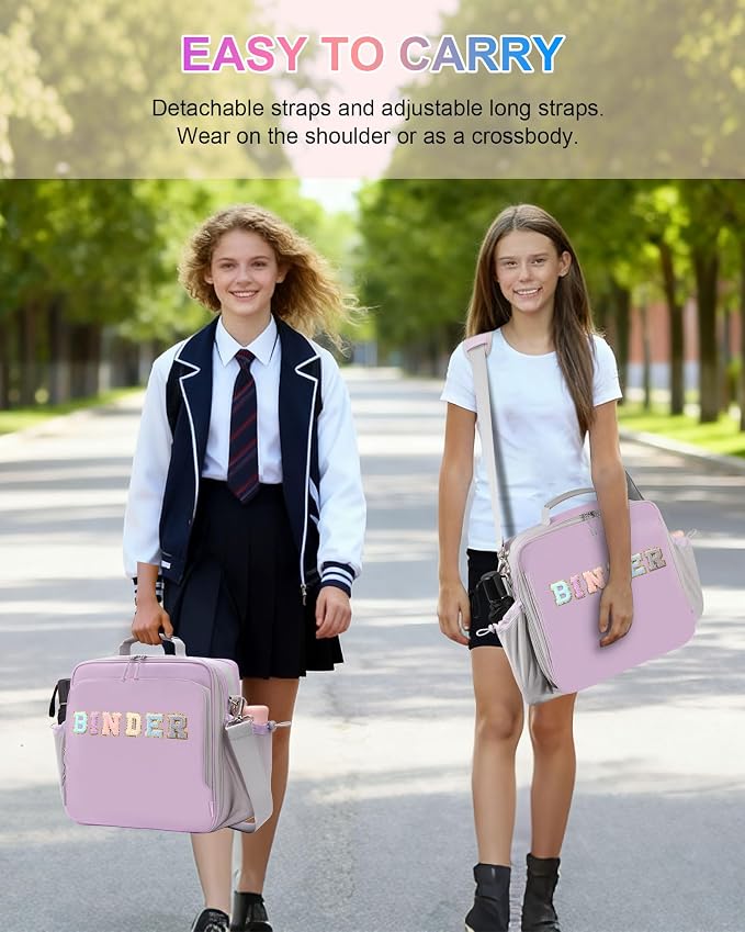 3 Ring Zipper Binder 3 Inch D Rings with Double Water Bottle Holder | Cute Initial Water-Resistant Zip Up Binder for School Office, 700-Sheet Capacity & Shoulder Strap & Laptop Pocket, Purple