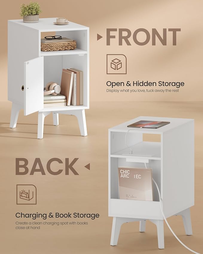 VASAGLE End Table with Charging Station, Narrow Side Table, Nightstand | Tapered Legs, Curved Transitions, for Small Spaces, Living Room, Bedroom, Cloud White, MAEZO Collection ULET329W101S