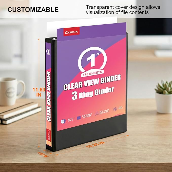Customizable Round Ring Binder, 1 Inch 3 Ring Binder, Minimalist PVC-Free Binder with Clear View Cover, Lay-Flat Design for Everyday Document Organization at Home, School & Office