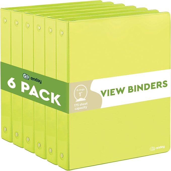 Enday 1 Inch Binder (6 Pack - Green) 3 Ring Binder 1 inch with Clear View Cover and 2 Inside Pocket - for Letter Size 8.5 x 11'' Paper, Ideal for School Supplies, Office, and Home