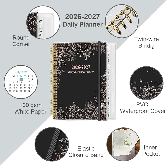 Daily Planner 2026-2027 Full Page Per Day- 2026-2027 Daily & Monthly Planner from July 2026 to June 2027, Day Planner 2026-27 with 12 Months Tabs, 8.5" x 11", Black Flowers