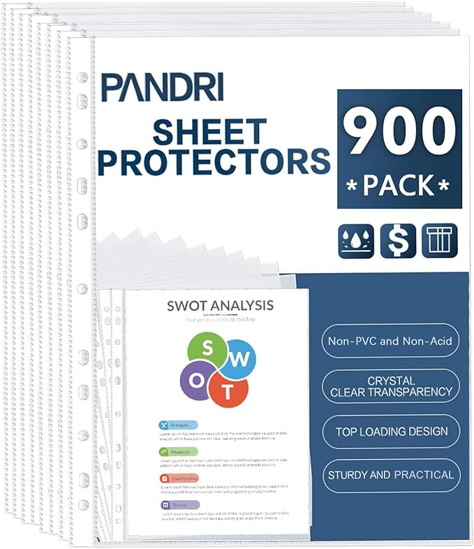 Sheet Protectors, PANDRI 900 Pack Clear Heavy Duty Plastic Page Protectors Sheet Reinforced 11-Hole Fit for 3 Ring Binder Fits Standard 8.5 x 11 Paper, 9.25 x 11.25 Top Loaded, Excluding Acid