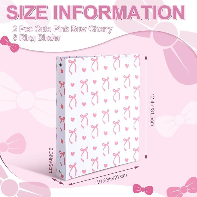 ReliThick 2 Pcs Cherry Coquette Pink 3 Ring Binder Bow Clipboard Cute Binders 1 Inch Round Ring with Interior Pockets for Coquette School Supplies Office A4 Paper