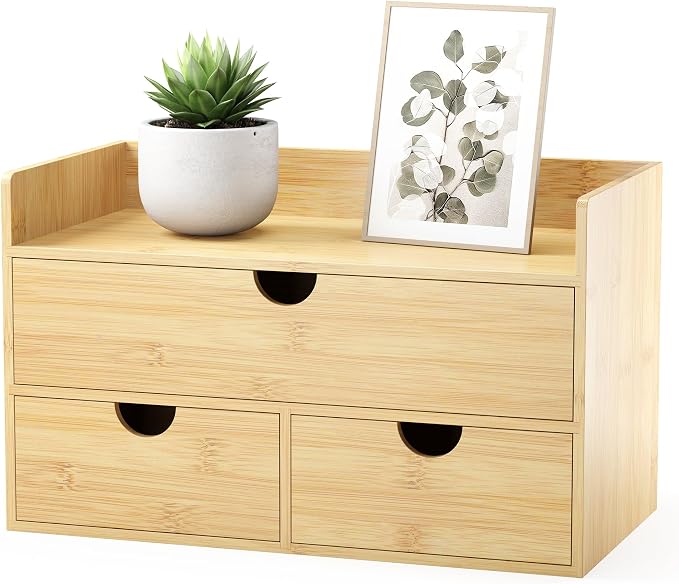 Bamboo Desk Organizer with Drawers, Desktop Storage Box for Office Supplies | 3 Drawers Desktop organizer, No Assembly Required, Natural Wood Wooden Desktop Drawers for Bills, Cosmetics, Seals, Paper