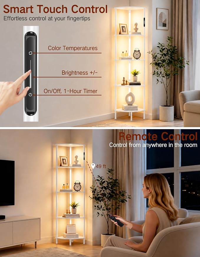 5-Tier Corner Bookshelf with LED Lights, Touch & Remote Control, 3 Color Temperatures, Dimmable Narrow Display Shelf with 1-Hour Timer for Living Room, Bedroom, Office(White)