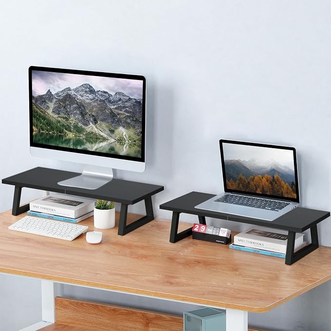 TEAMIX 24 inch Monitor Riser for Desk, Wood & Steel Computer/TV Stand Black | Laptop, PC, Printer Stand Riser, Holds 150lbs, Desktop Organizer, Keyboard Storage, for Office, Home, Gaming, Craft Space