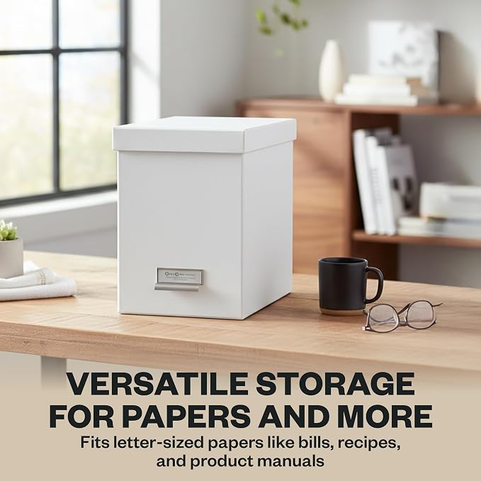 Bigso John Fiberboard Label Frame Desktop File Storage Box - Document Organizer for Important Paperwork - Durable Hanging File Box with a Lid & Metal Label Window - 7.36 x 13.38 x 10.51 in - White