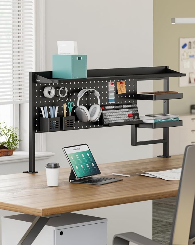 Clamp on Desk Shelf, 44" Desktop Shelving System, Black | with Pegboard and Accessories, Desktop Organizer with 2-Tier Shelf, Desk Pegboard for Office Home Gaming