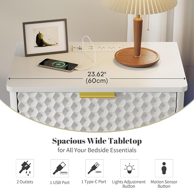 Smart Nightstand with Charging Station and LED Lights | 23.62" Wide Night Stand with 2 Drawers, Motion Sensor Motion-Activated Underlight, Honeycomb Bedside Table for Bedroom, White
