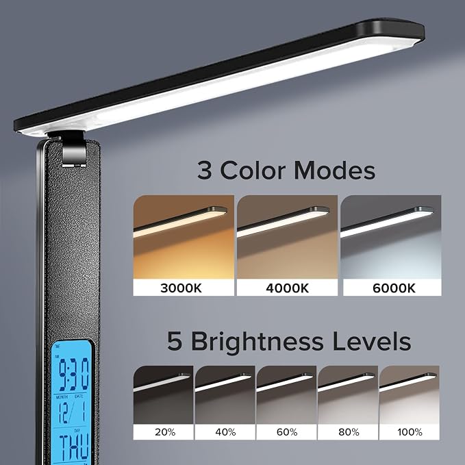 Desk Lamp with Wireless Charger: USB Charging Port, Table Lamp with Clock, Desk Lamps for Home Office College Dorm Room Essentials