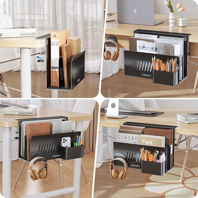 Litwaro Desk Side Storage Organizer, 2 Tier Laptop Holder Clamp on Desk Organizer, No Drill Laptop Mount with Magnetic Pen Holder, Hanging Desk Organizer Fits Flat Edge Table 0.4" to 2.1" (Black)
