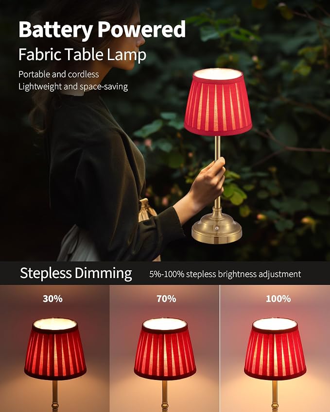 KDG Gold Cordless LED Table Lamps Set of 2, Red Fabric Shade Desk Lamps | Portable 4000mAh Rechargeable Battery Powered, Dimmable Lighting for Dining Room, Bedroom, Bedside, Night Light, Balcony
