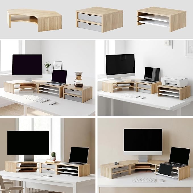 Fenge Dual Monitor Stand, Corner Desk Shelf with Drawer & Slide-Out Tray | Modular Design for Flexible Layouts, 2-Tier Storage Desktop Organizer for Computer, Laptop, Printer and Telephone
