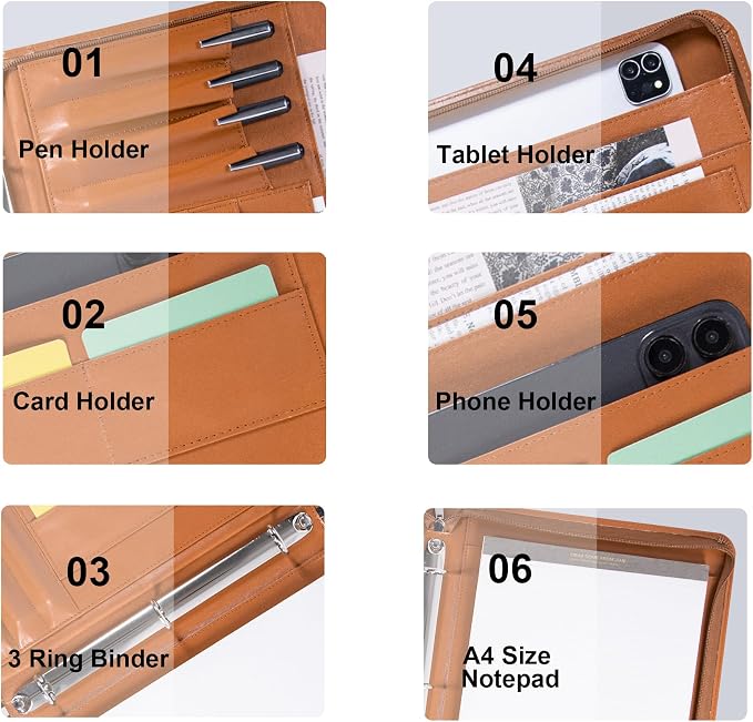 Brown Vegan Leather Binder Portfolio for Women and Men,3 Ring Padfolio Binder with Zipper, A4 Planner Folder with Laptop Pocket,Legal Size Portfolio,Work File Organizer for Women(Brown)
