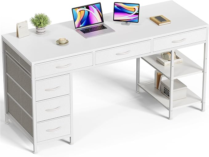 Huuger Computer Desk with 6 Drawers, Office Desk with Shelves, Reversible Gaming Desk, Corner Desk with Storage, Work for Home Office, Study, Living Room, 54inch, White