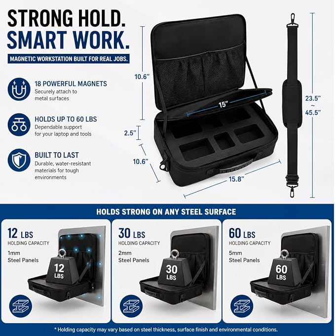 Magnetic Portable Laptop Stand for Technicians, 18-Magnet Hands-Free Workstation, Rated to 60 lbs Magnetic Toolbox, Heavy-Duty Laptop Stand & Tool Organizer, Attach to Trucks, HVAC, Walls, Engineers