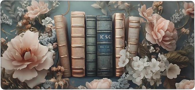 Floral Aesthetic Book Gaming Mouse Pad, Morandi Rococo Desk Mat with Anti-Slip Base & Stitched Edges, Office & Home Desk Decor for Women, 35.4" x 15.7" in Computer Desktop Mat