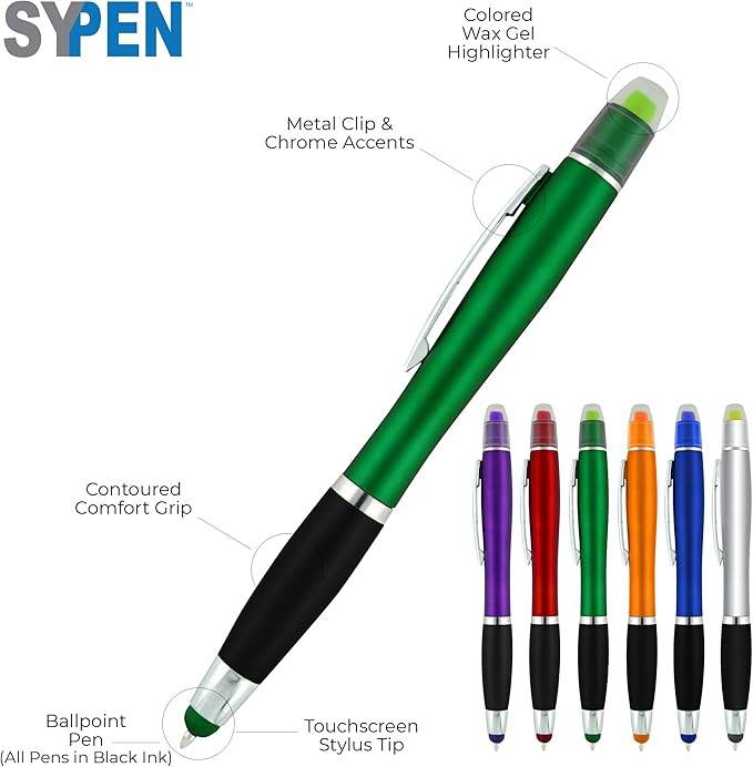 SyPen Personalized Pens with Gel Highlighter and Stylus -200 Pack Bulk-Free Imprint - 3 In Bible Highlighter No Bleed, Ballpoint Pen, and Stylus Combo- add Custom Name, Logo or Gift Message- Orange
