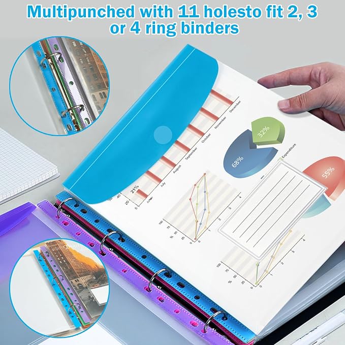10 Pack Binder Folders with Pockets 11 Holes Expandable Dividers for 2/3/4 Ring Document Pouch with Velcro Button & Label Loose-Leaf Transparent Binder Organizer for School Home Office