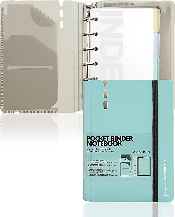 CAGIE A7 Binder 6 Ring Refillable Notebook with Dividers & Pockets | Hourly Planning Square Ruled and Dotted Pages, Refill Paper Included, 4.13 x 5.71 In (Blue, A7 Hourly & Dot Page)