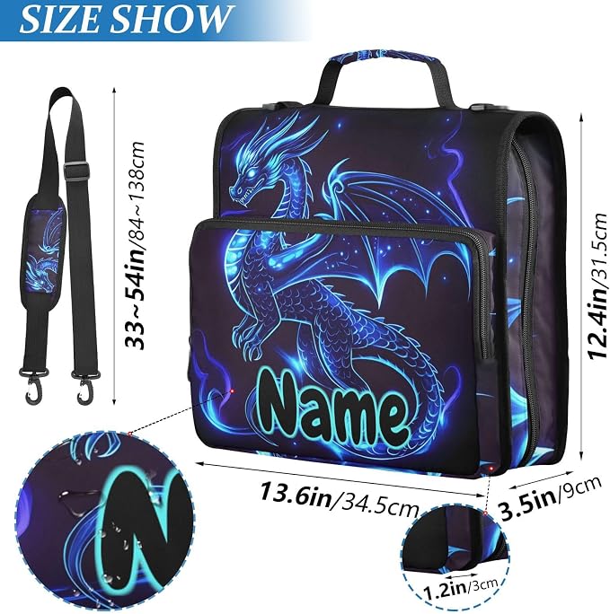 Custom Dragon Blue Black 3 Ring Binder Bag 1.5 inch Personalized Name Binder Organizer 500 Sheet Documents Storage for School Office
