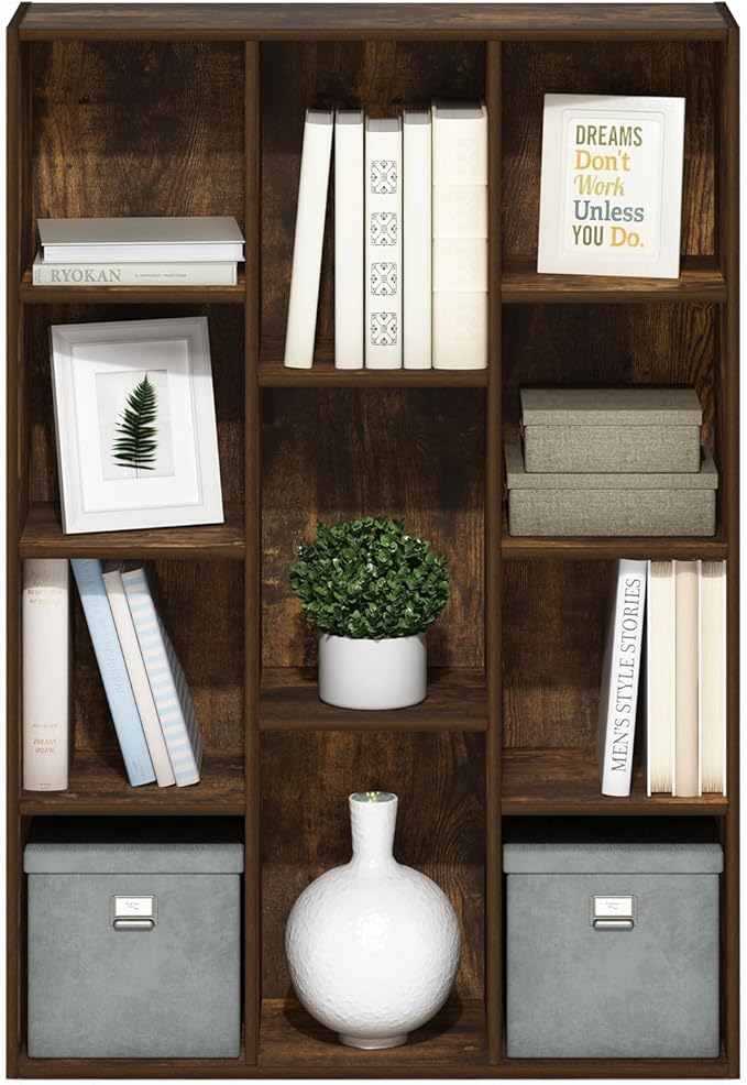 Furinno LUDER Book Shelf, 11-Cube Bookshelf, Reversible Bookcase, 9.4 x 29.1 x 41.7, Easy Assembly, for Living Room, Bedroom, Home Office, Amber Pine