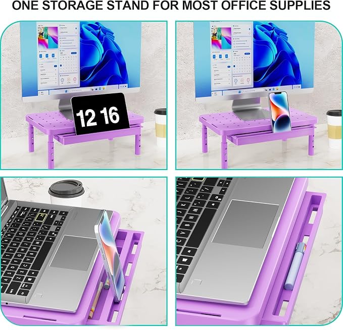 WALI Computer Monitor Stand with Storage, Monitor Riser 3 Height Adjustable | Laptop Riser with Airflow Vents, Desk Organizer for Computer, Printer, Notebook (PTT002-V), 1 Pack, Violet