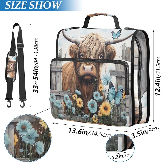 Highland Cow 3 Ring Zipper Binder 2 Inch with Strap for Girls | School Binder Bag with Handle Multi Pockets Binder Organizer 500- Sheet Capacity for School Office Supplies