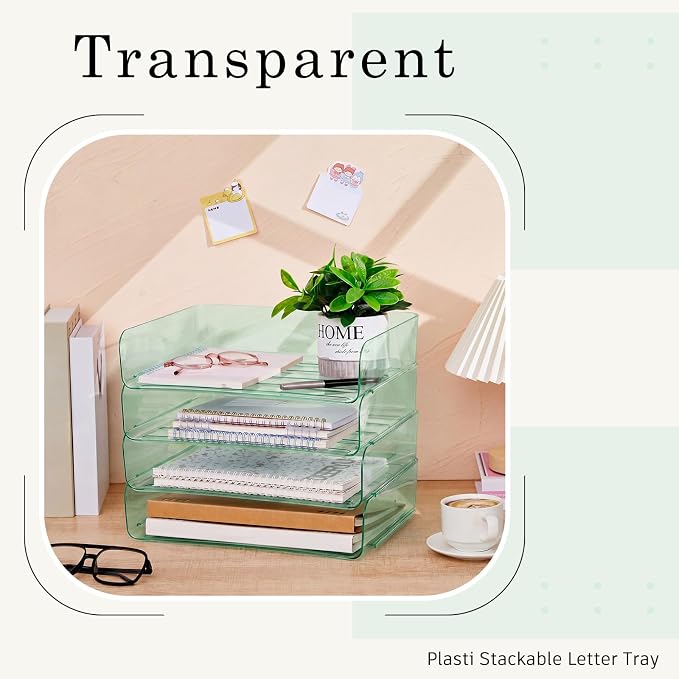 Harloon 4 Tier Clear Sage Green Acrylic Paper Organizer Letter Tray, Aesthetic Stackable Desk File Organizer Paper Holder Office Tray for A4, Modern Office Classroom Home File Pad Books Notes