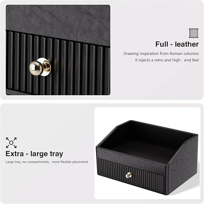 LADSTAG Desk Accessories,Black Vegan Leather Desk Organizers with 1 Draw & Tray,Remote Control Holder with Gold-Tone Metal Accents Knob for End Tables,Bedside Table,Bedroom