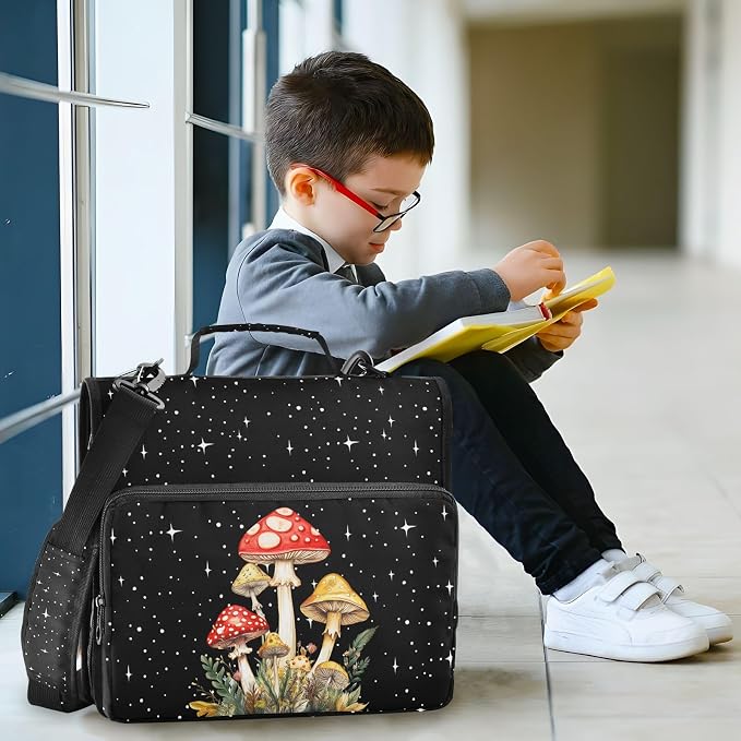 Mushroom Binder Bag 3 Ring Zipper with Handle Shoulder Strap | for School Work Office Organizer Storage Case