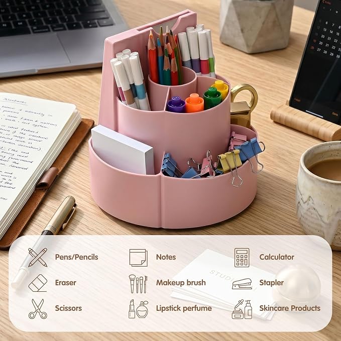 360 Rotating Pen Holder for Desk with Checklist Routine Chart Pencil Organizer To Do List Planning Board with Slider Pen Organizer with 7 Slots Desk Organizers and Accessories for Office School Home