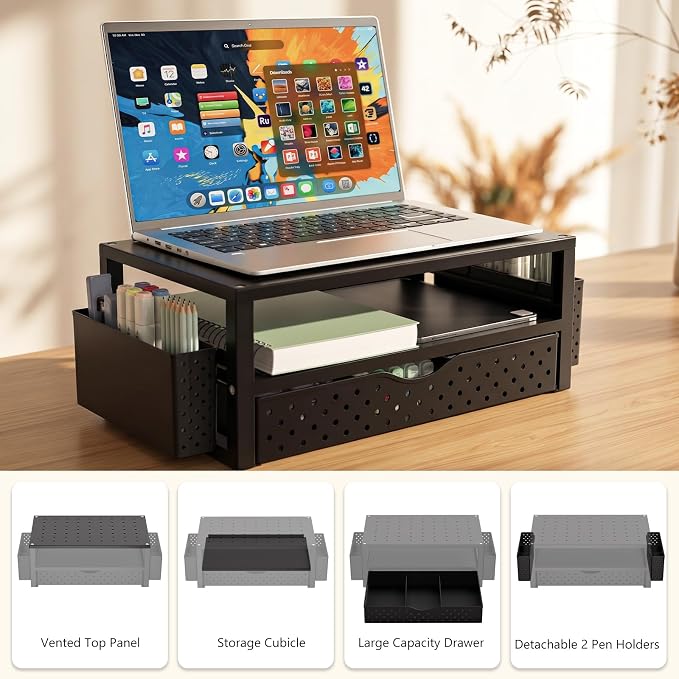 WALI Monitor Stand Riser with Drawer and 2 Pen Holders, Desk Organizers and Accessories for Computer, Printer, Laptop Stand for Home Office Supplies, (PTT004-B), 1 Pack, Black