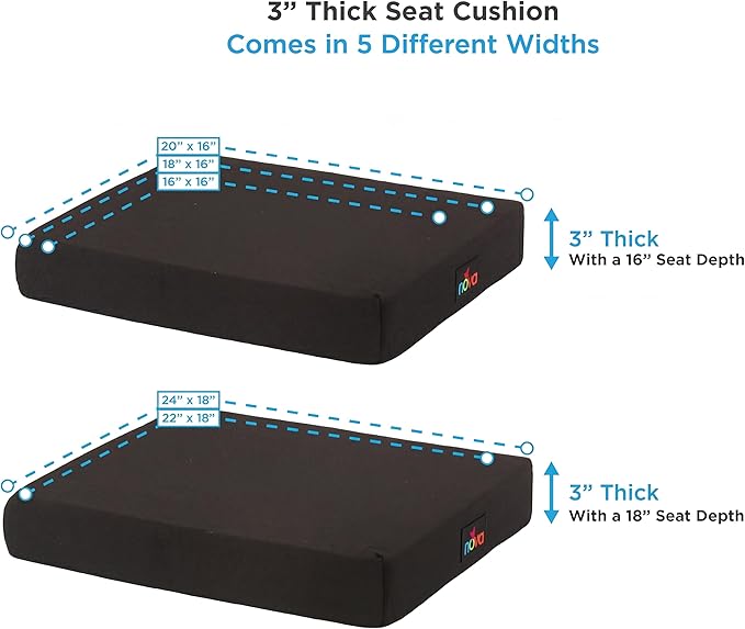 NOVA Medical Products Coccyx Gel Memory Foam Seat & Wheelchair Cushion in 4 Sizes, Comfortable on the Tailbone Cushion with Removable Water Resistant Cover, 3” Thick Gel Memory Foam Seat Pad with Attachment Straps, Black, 3" x 18" x 16" (2603C-3-1816)