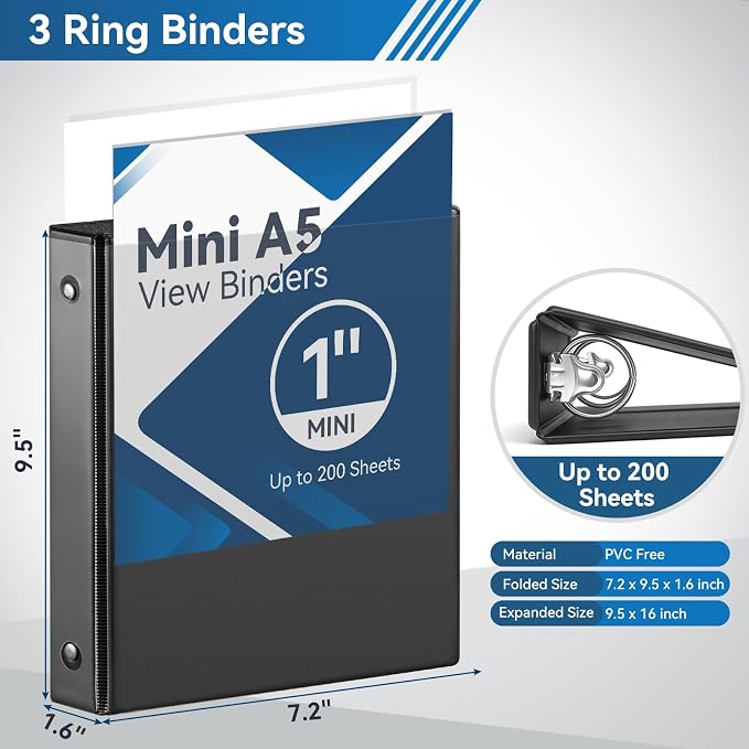 SUIN Mini 3 Ring Binder A5 Size 5.5"x8.5", 1" Round Ring 200 Sheet Capacity, Bulk 6 Pack Black Binders for School Office