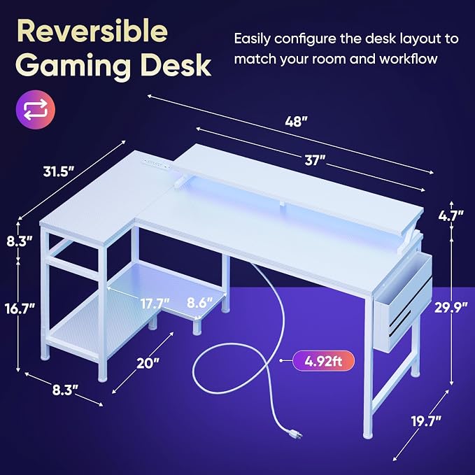 DUMOS L Shaped Gaming Desk, 48" Computer Desks with Storage Shelves | Coner Desk with USB Charging Ports, Power Outlets, LED Lights and Monitor Stand for Home Office, White
