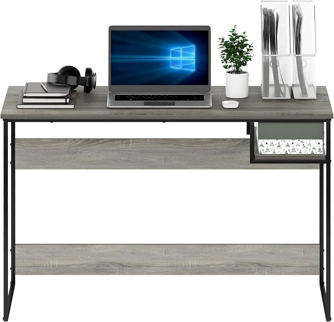 Furinno Moretti Lifestyle Study Desk, 45 Inches, French Oak Grey | with Lower Shelf, Open Frame, Rectangular, Gaming Desk, for Computer, Writing, for Home Office, Study Room, Dorm