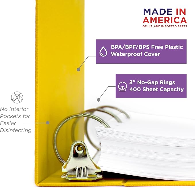 Carstens 3-Inch Heavy Duty 3-Ring Binder - Side Opening, Yellow, Durable Plastic, Precision No-Gap Rings, Waterproof Cover, No Pockets, Holds 400 US Letter Sheets, BPA-Free, Made in USA (1709-3R)