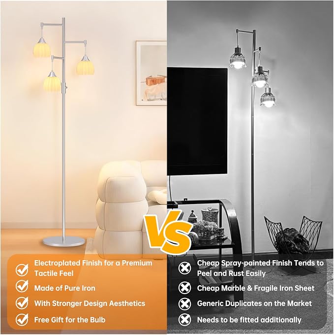 Shenmoyl Stepless Dimming Floor Lamps for Living Room, Bedroom, Nickel Standing Lamp with 3pcs 6W Bulbs, Vintage Floor Lamp for Corner, Nursery (White Tulip)