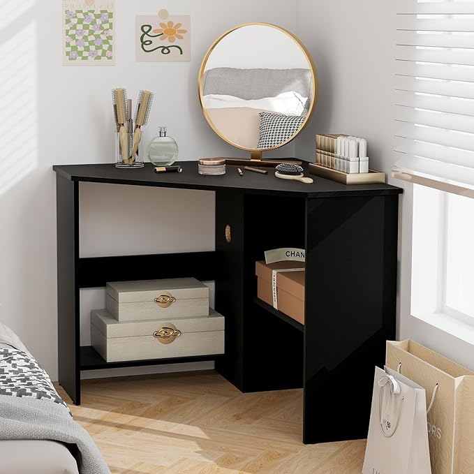 Tangkula Corner Desk, 90 Degrees Triangle Computer Desk for Small Space, Bedroom Corner Makeup Vanity Desk with Storage Shelves & CPU Stand