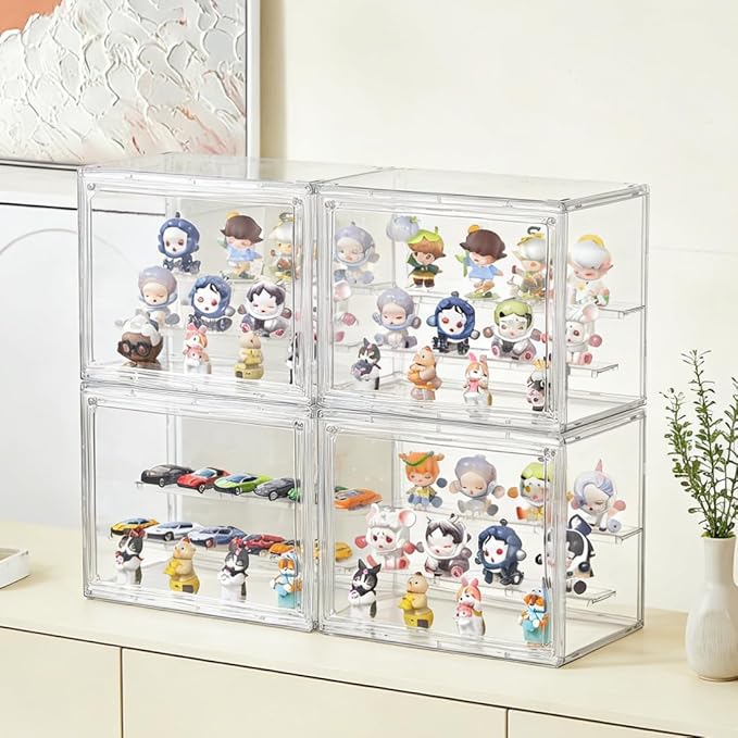 Acrylic Display Case for Collectibles 3 Tier,Small Clear Display Box 2pack | 2 Movable Dividers，Clear Showcase for Mini Figures，Easy Assembly, Magnetic Door, Stackable Design, Dustproof Durable Material