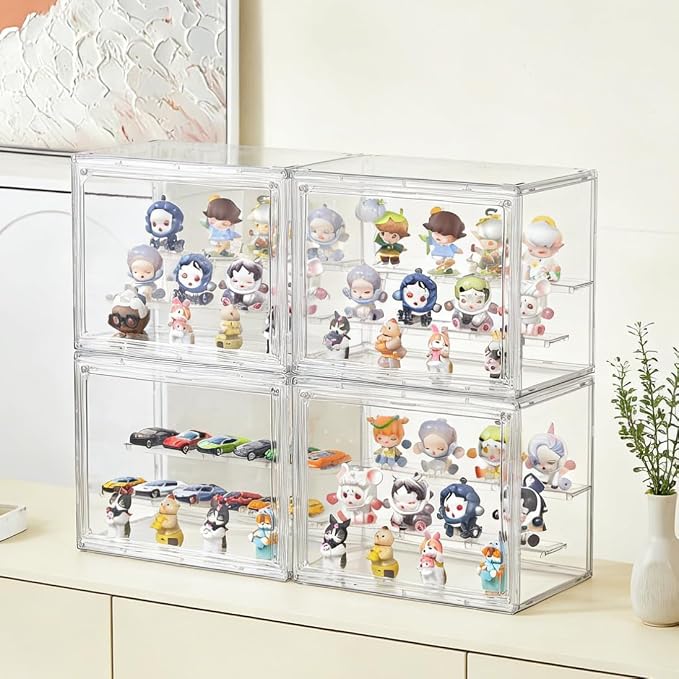 Attelite Acrylic Display Cases for Collectibles, Small Showcase with 3 Tier | 2 Movable Dividers，Clear Showcase for Mini Figures，Easy Assembly, Magnetic Door, Stackable Design, Dustproof Durable Material