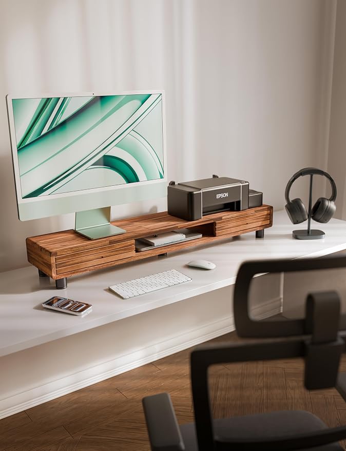 Tinamo 42.5" Dual Monitor Stand Riser with Sliding Doors – Solid Acacia Wood Desk Shelf for 2 Monitors, Desktop Organizer with Storage, Ergonomic 5" Height for Computer, Laptop, Printer, TV