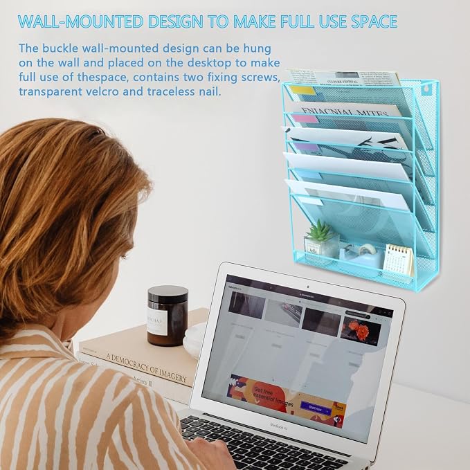 5 Pockets Mesh Wall File Holder Organizer with Bottom Flat Tray, Office Hanging File Folder Magazine Rack, Nametag Label Hooks Set Included, Blue