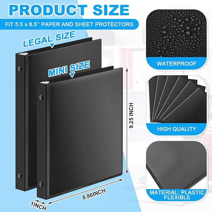 Henoyso 1 Inch 6 Pack Mini Clear View 3 Ring Binders for 5.5"x8.5",Black | Holds 240 Sheets, Clear Front Covers, Flexible Plastic Binder Bulk, Three Round Rings, School Office Report Filing, Planners